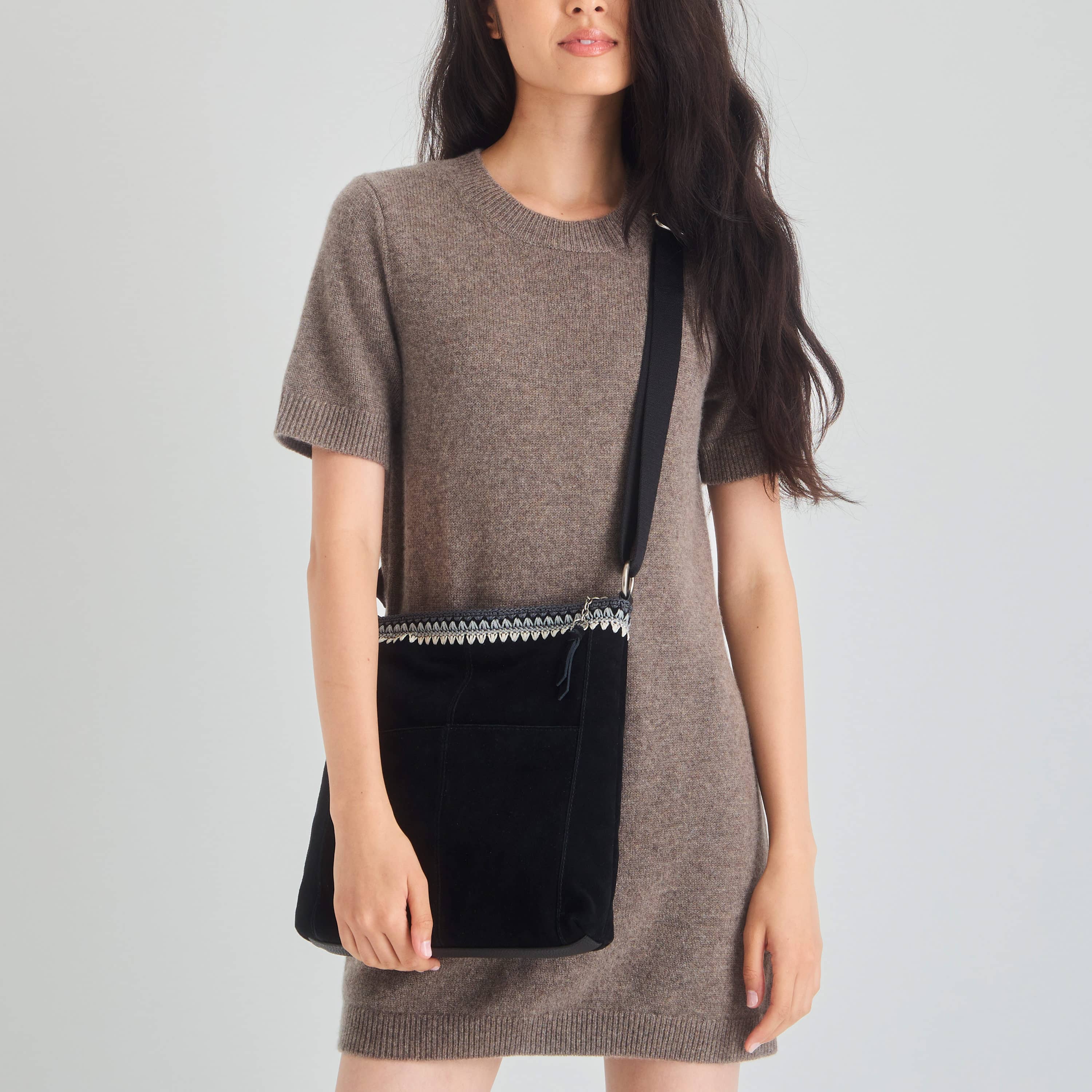 The Sak Lucia Crossbody - Leather - Black Suede Blanket Stitch