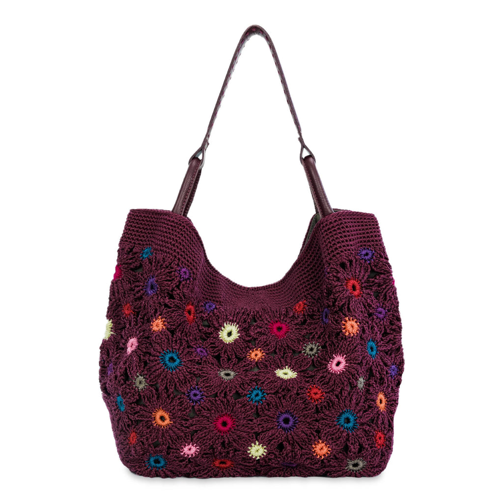 The Sak Los Feliz Large Tote - Hand Crochet - Black Cherry Multi Flower