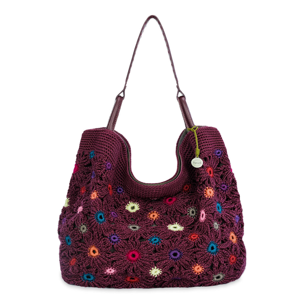 The Sak Los Feliz Large Tote - Hand Crochet - Black Cherry Multi Flower