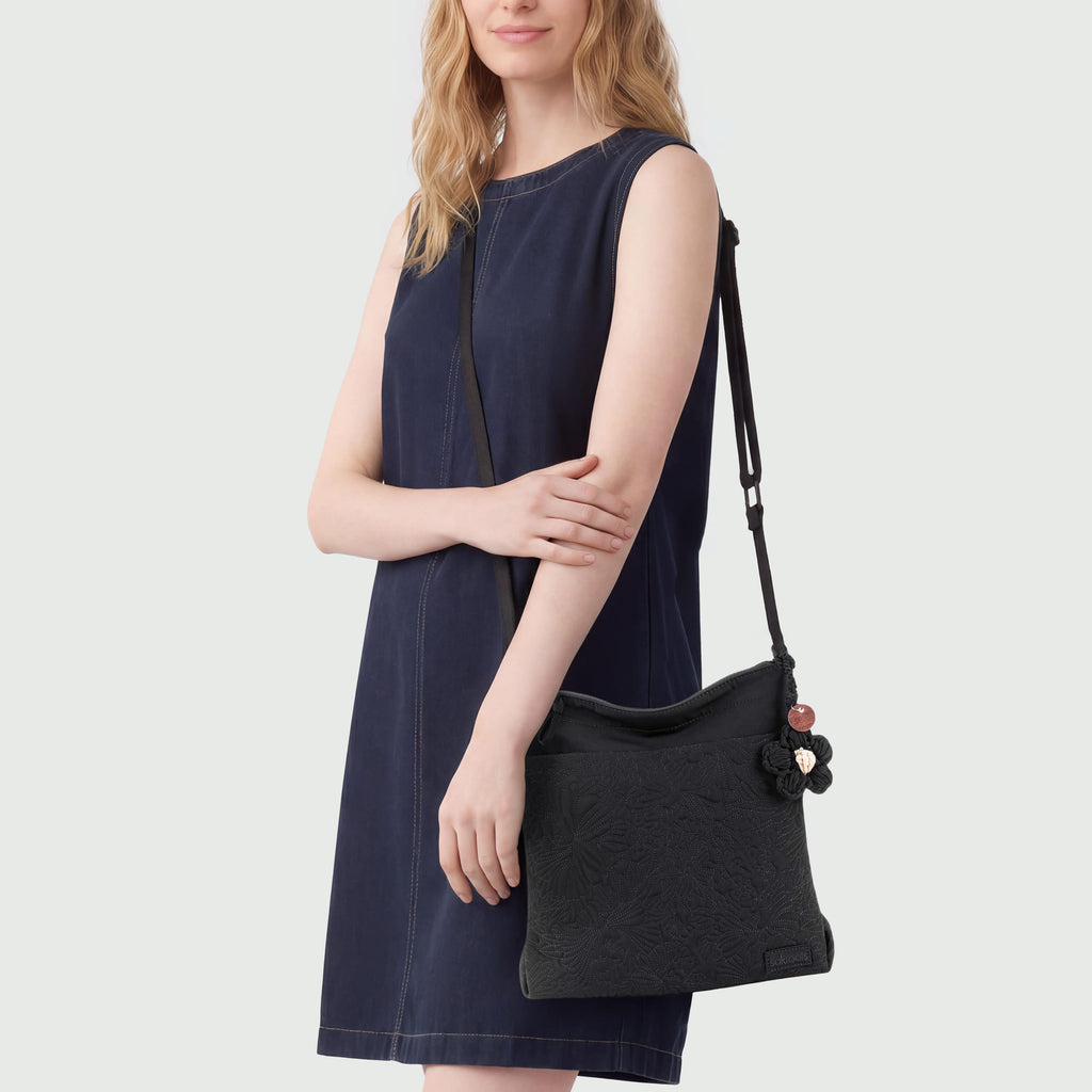 Sakroots Banyan Basic Crossbody - EcoTwill - Black Flower Blossom Quilted
