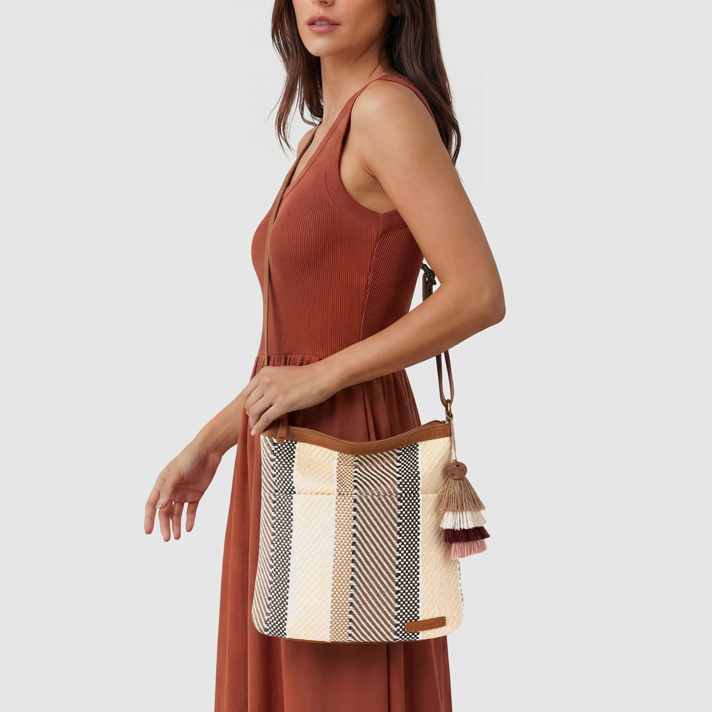 Sakroots Banyan Basic Crossbody - Straw - Tobacco Batik Woven
