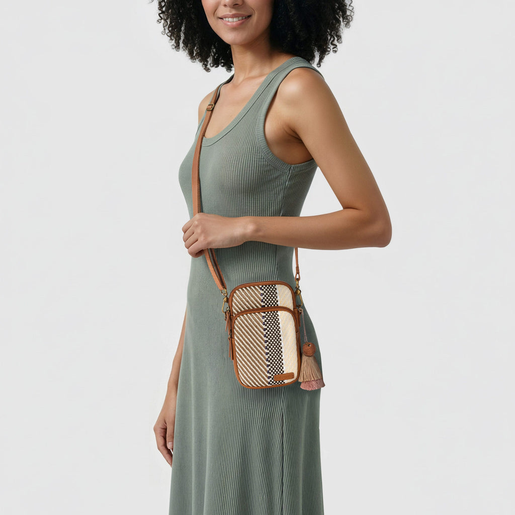 Sakroots Koa Smartphone Crossbody - Straw - Tobacco Batik Woven
