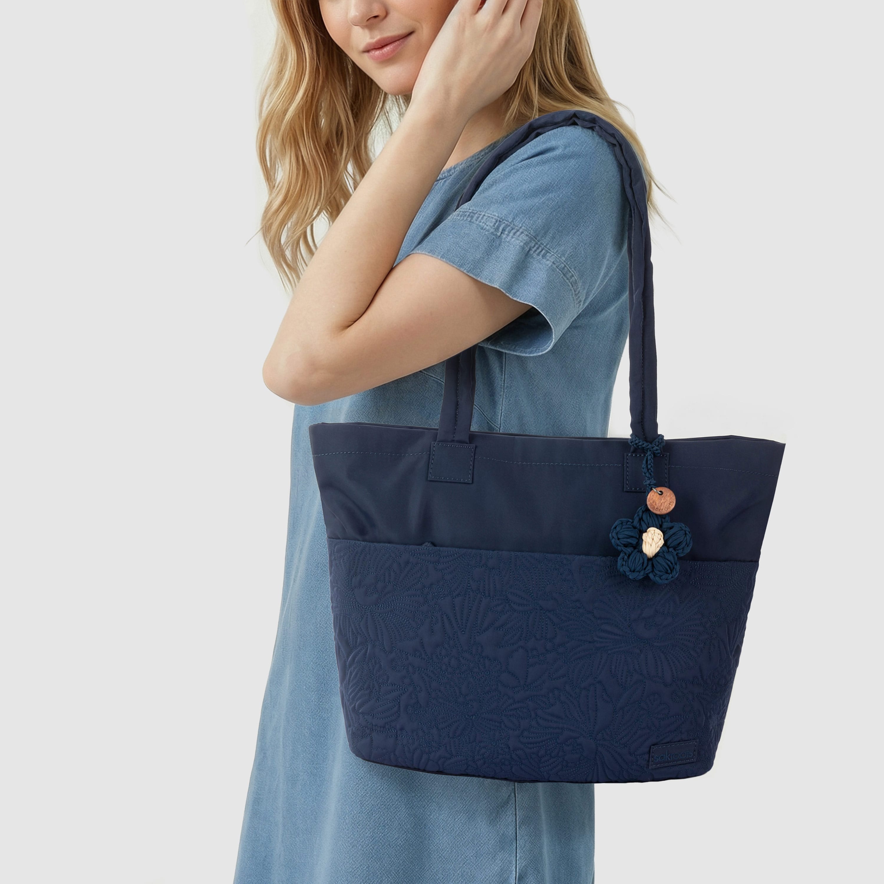 Sakroots Banyan Shoulder Tote - EcoTwill - Navy Flower Blossom Quilted