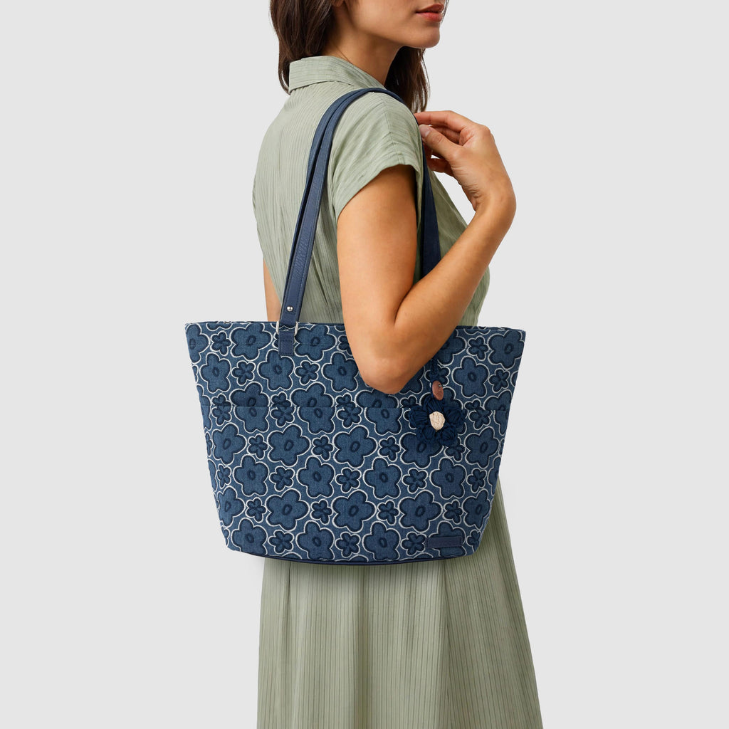 Sakroots Banyan Shoulder Tote - Denim - Denim Retro Flower