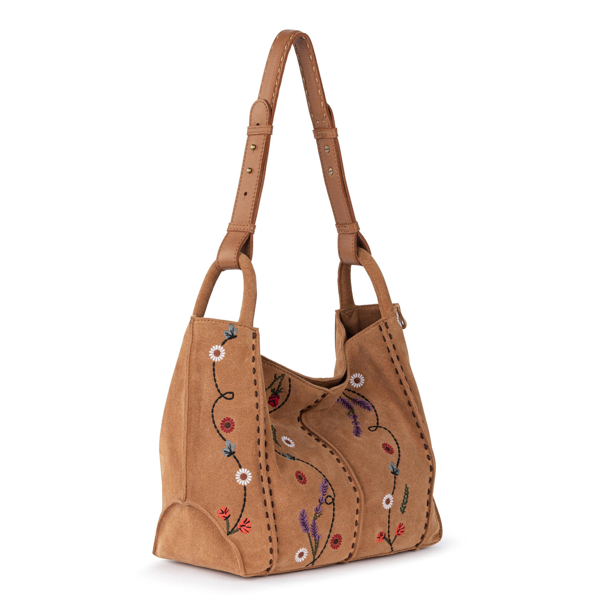 The Sak Los Feliz Medium Tote - Leather - Tan Suede Whimsy Floral Embroidery