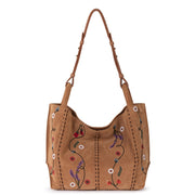 Los Feliz Medium Tote - Leather - Tan Suede Whimsy Floral Embroidery