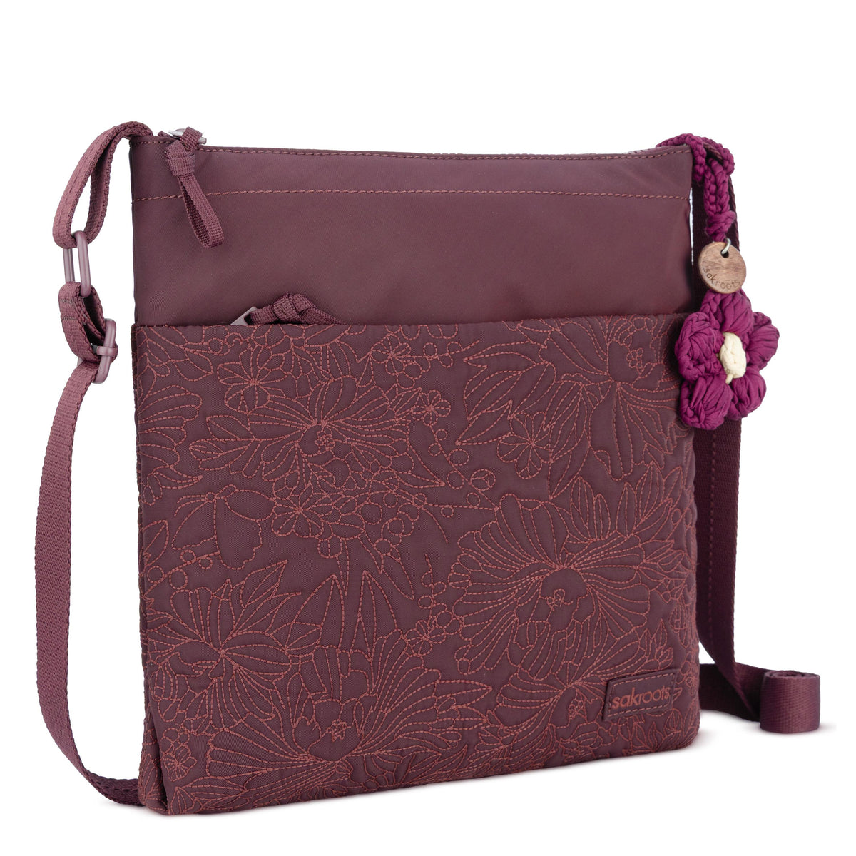 Sakroots Banyan Basic Crossbody - EcoTwill - Black Cherry Flower Blossom Quilted