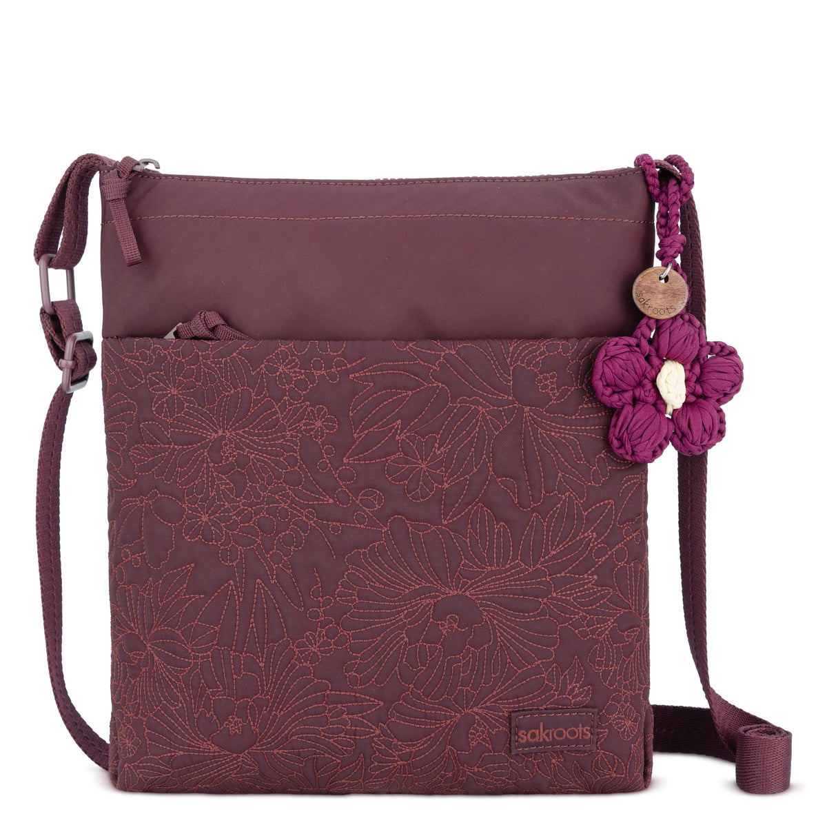 Sakroots Banyan Basic Crossbody - EcoTwill - Black Cherry Flower Blossom Quilted