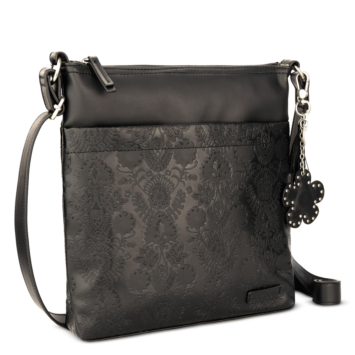Sakroots Banyan Basic Crossbody - Vegan Leather - Black Floral Embossed