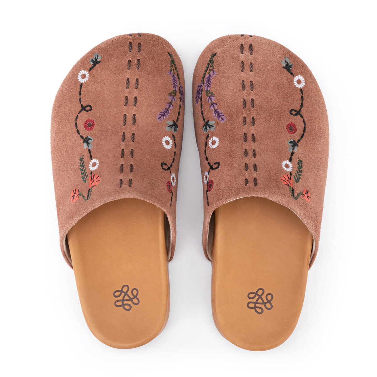 The Sak Bolinas Clog - Leather - Tobacco Suede Whimsy Floral Embroidery