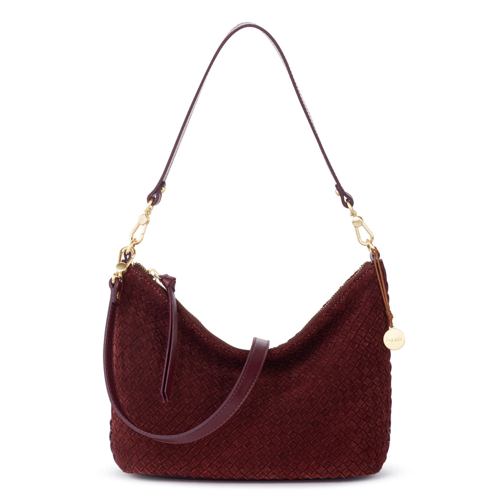 The Sak Juniper Small Hobo - Leather - Black Cherry Suede Woven