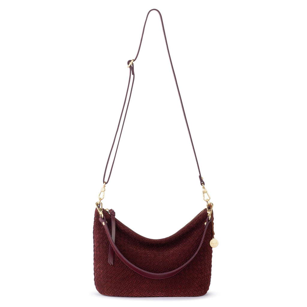 The Sak Juniper Small Hobo - Leather - Black Cherry Suede Woven
